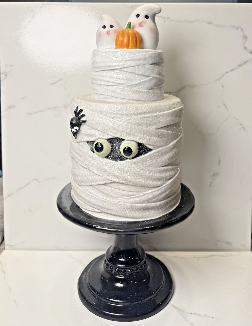 Vintage Halloween Decoration decorative mummy cake with a black pedestal stand